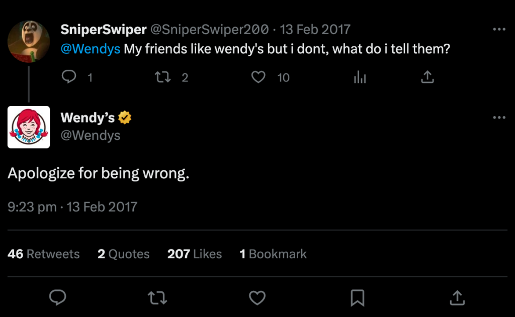 Proof Content example of Wendy's sarcastic brand messaging tweet
